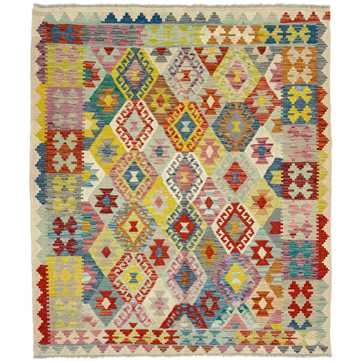 Afghan Vegetable Kilim Rug 5'1" x 6'6" Flat-Weave