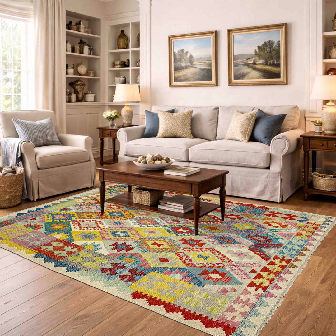 Afghan Vegetable Kilim Rug 5'1" x 6'6" Flat-Weave reverse