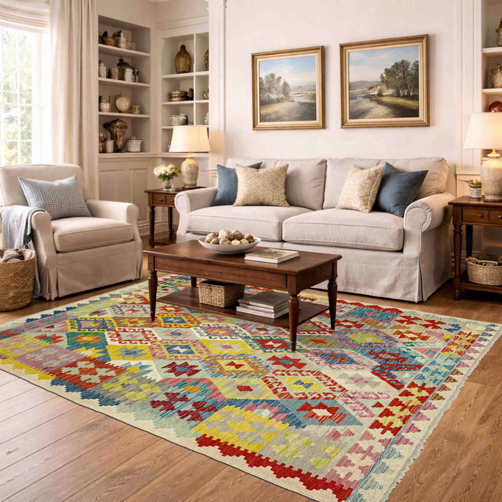 Afghan Vegetable Kilim Rug 5'1" x 6'6" Flat-Weave reverse