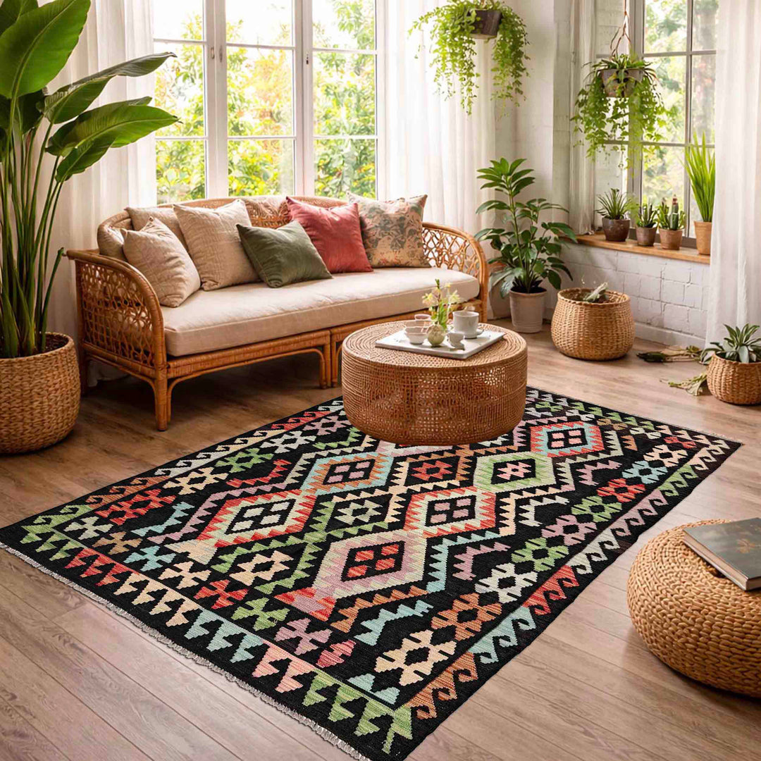 Afghan Vegetable Kilim Rug 4'11" x 6'4" Flat-Weave reverse