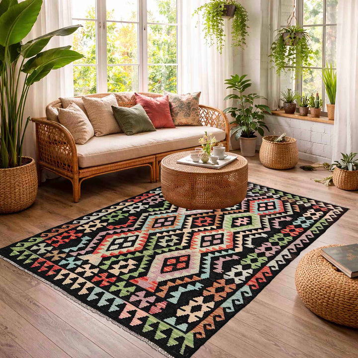 Afghan Vegetable Kilim Rug 4'11" x 6'4" Flat-Weave reverse