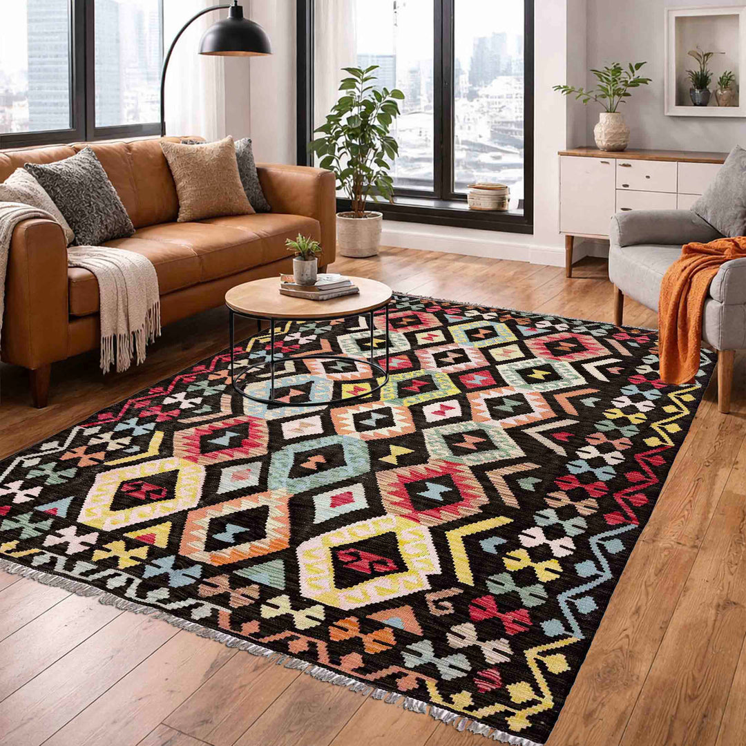 Afghan Vegetable Kilim Rug 5' 2" x 6' 6" Flat-Weave reverse