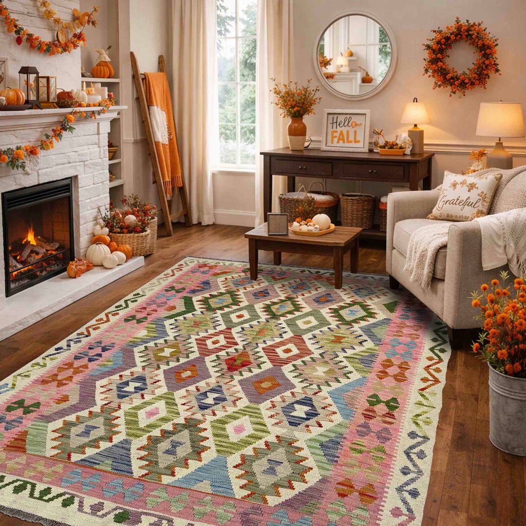 Afghan Vegetable Kilim Rug 5' 2" x 6' 9" Flat-Weave reverse