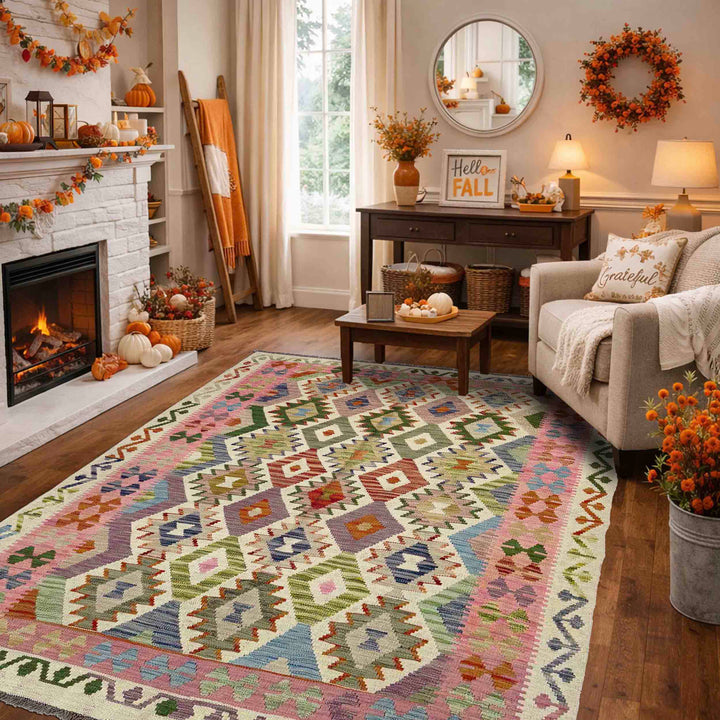 Afghan Vegetable Kilim Rug 5' 2" x 6' 9" Flat-Weave reverse