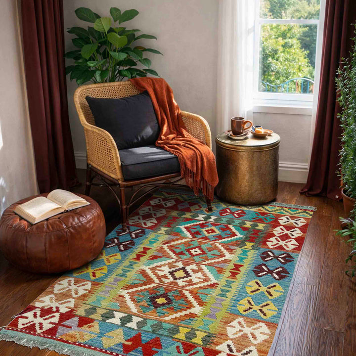 Multicolor Afghan Vegetable Kilim Rug 3' 3" x 5' 4" Flat-Weave reverse