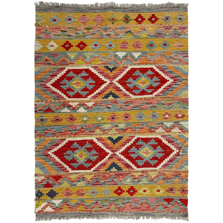 Multicolor Afghan Vegetable Kilim Rug 3' 4" x 4' 9" Flat-Weave