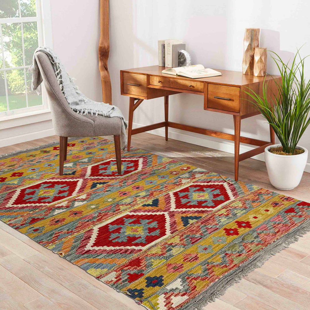 Multicolor Afghan Vegetable Kilim Rug 3' 4" x 4' 9" Flat-Weave reverse