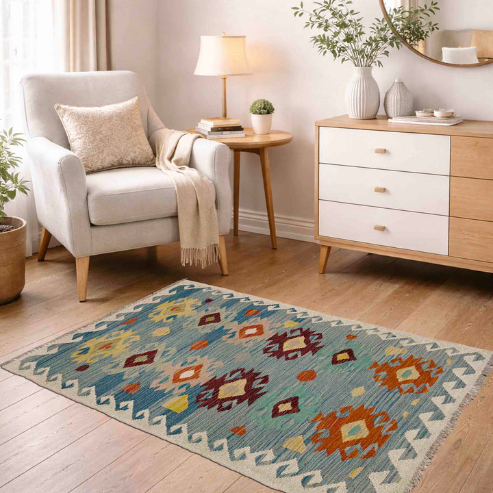 Afghan Vegetable Kilim Rug 2' 7" x 4' 9" Flat-Weave reverse