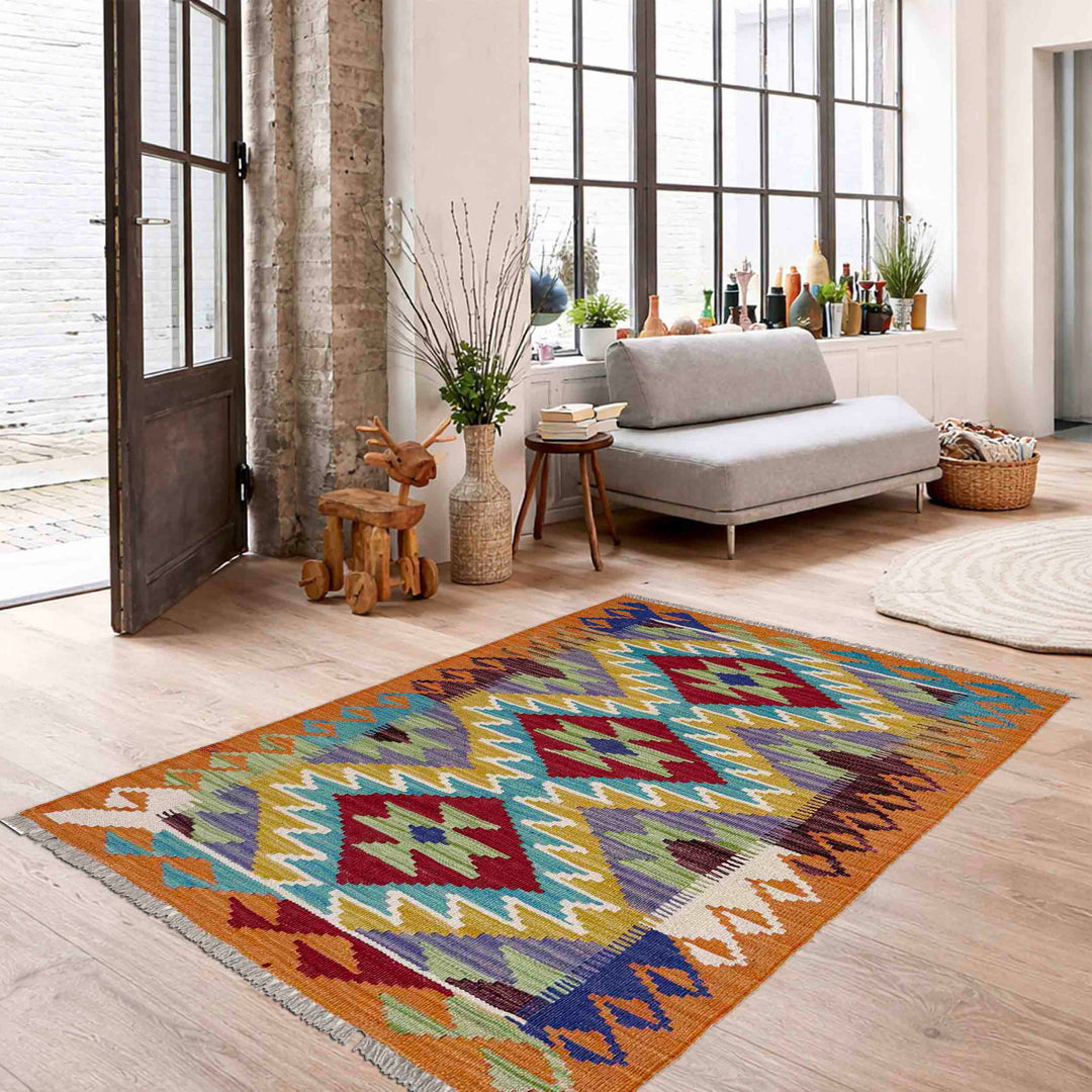 Afghan Vegetable Kilim Rug 2' 6" x 4' 3" Flat-Weave reverse
