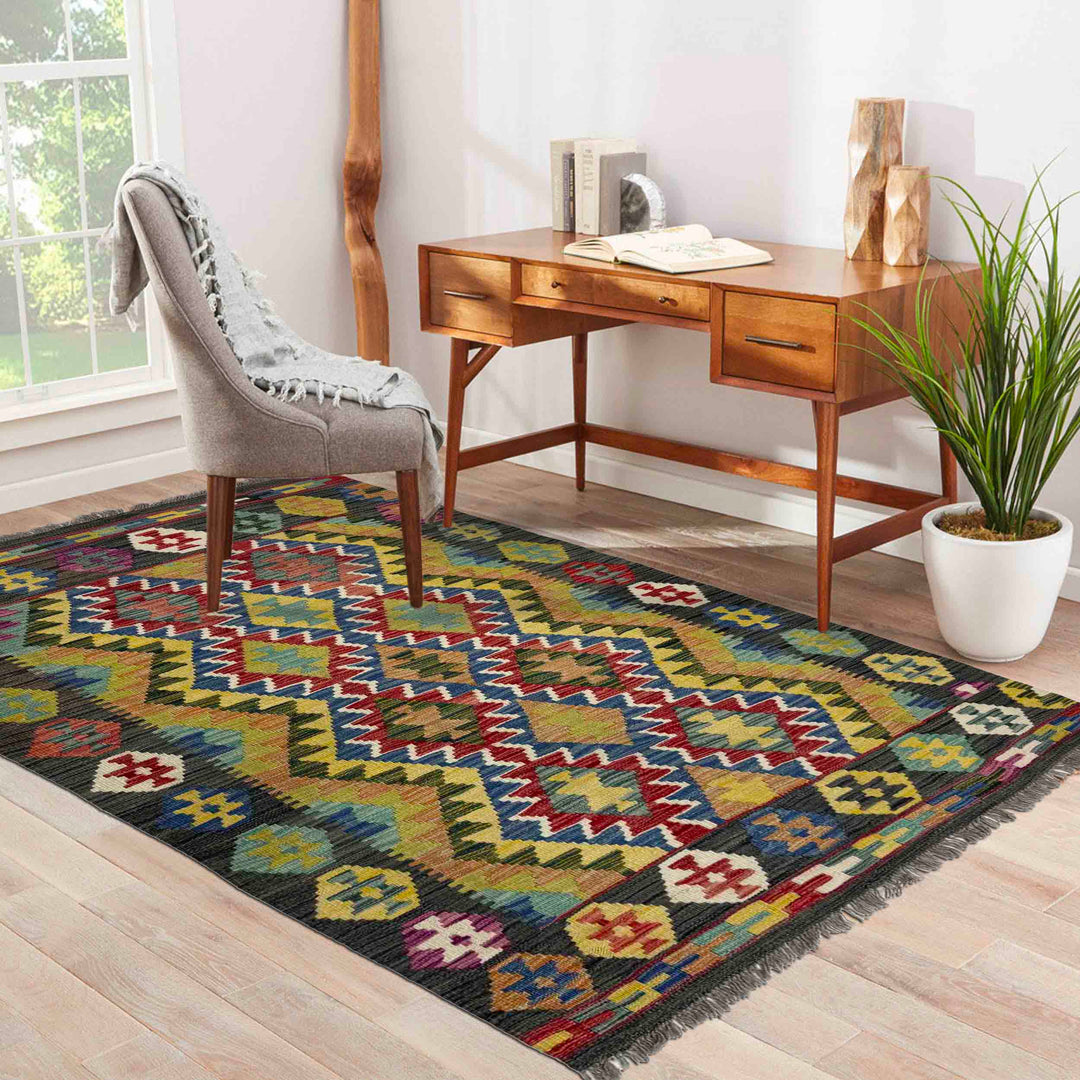 Afghan Vegetable Kilim Rug 3' 5" x 5' 3" Flat-Weave reverse