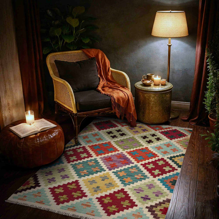 Afghan Vegetable Kilim Rug 3' 4" x 5' 0" Flat-Weave reverse