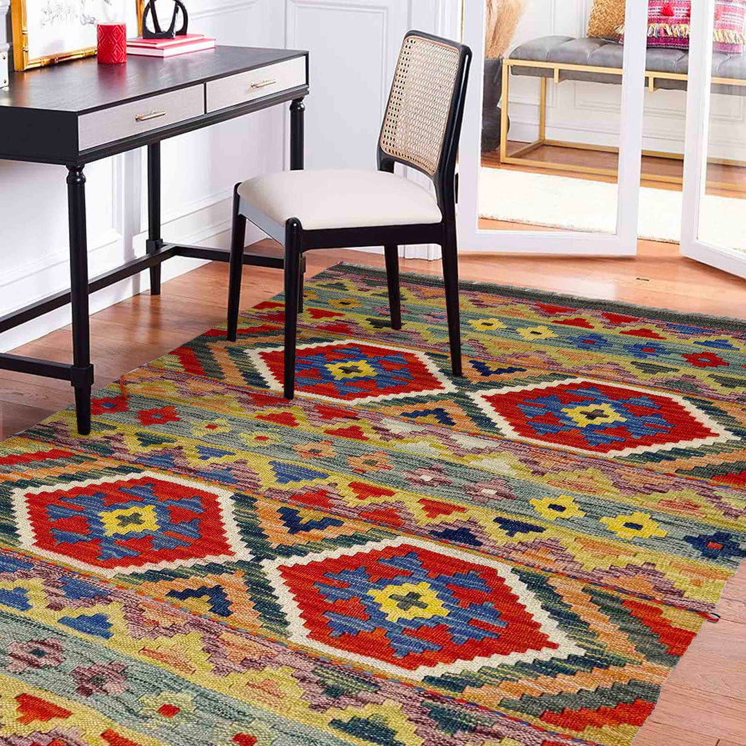 Multicolor Afghan Vegetable Kilim Rug 3' 2" x 4' 11" Flat-Weave reverse