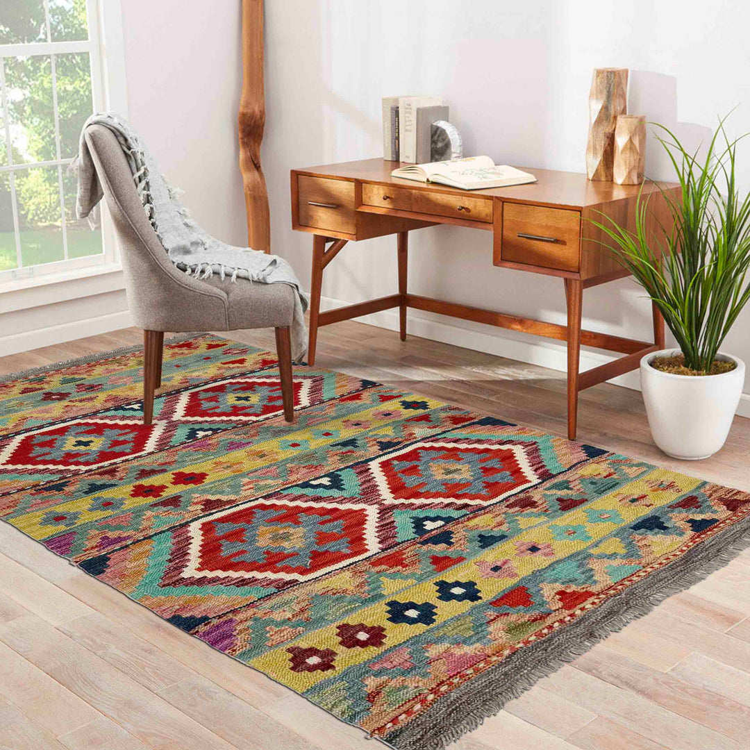Afghan Vegetable Kilim Rug 3' 4" x 4' 11" Flat-Weave reverse