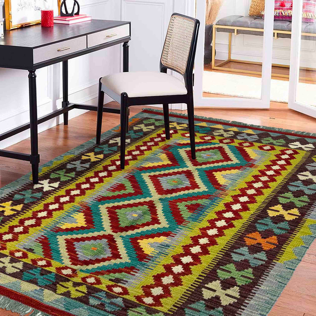 Afghan Vegetable Kilim Rug 3' 4" x 4' 11" Flat-Weave reverse