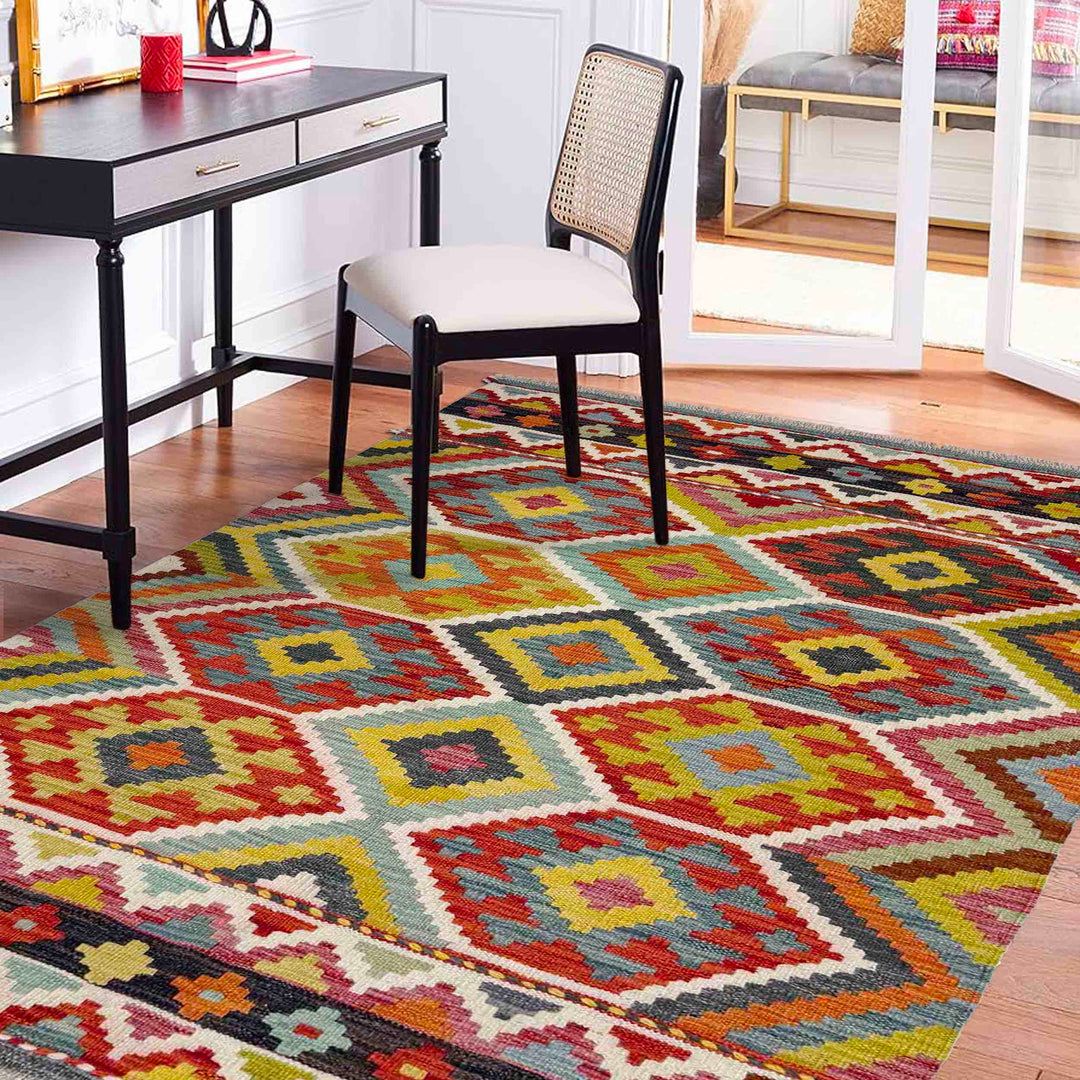 Afghan Vegetable Kilim Rug 3' 4" x 4' 11" Flat-Weave reverse