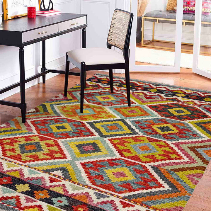 Afghan Vegetable Kilim Rug 3' 4" x 4' 11" Flat-Weave reverse