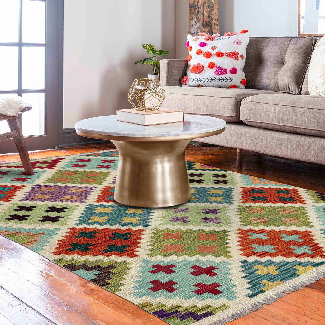 Afghan Vegetable Kilim Rug 3' 4" x 4' 11" Flat-Weave reverse