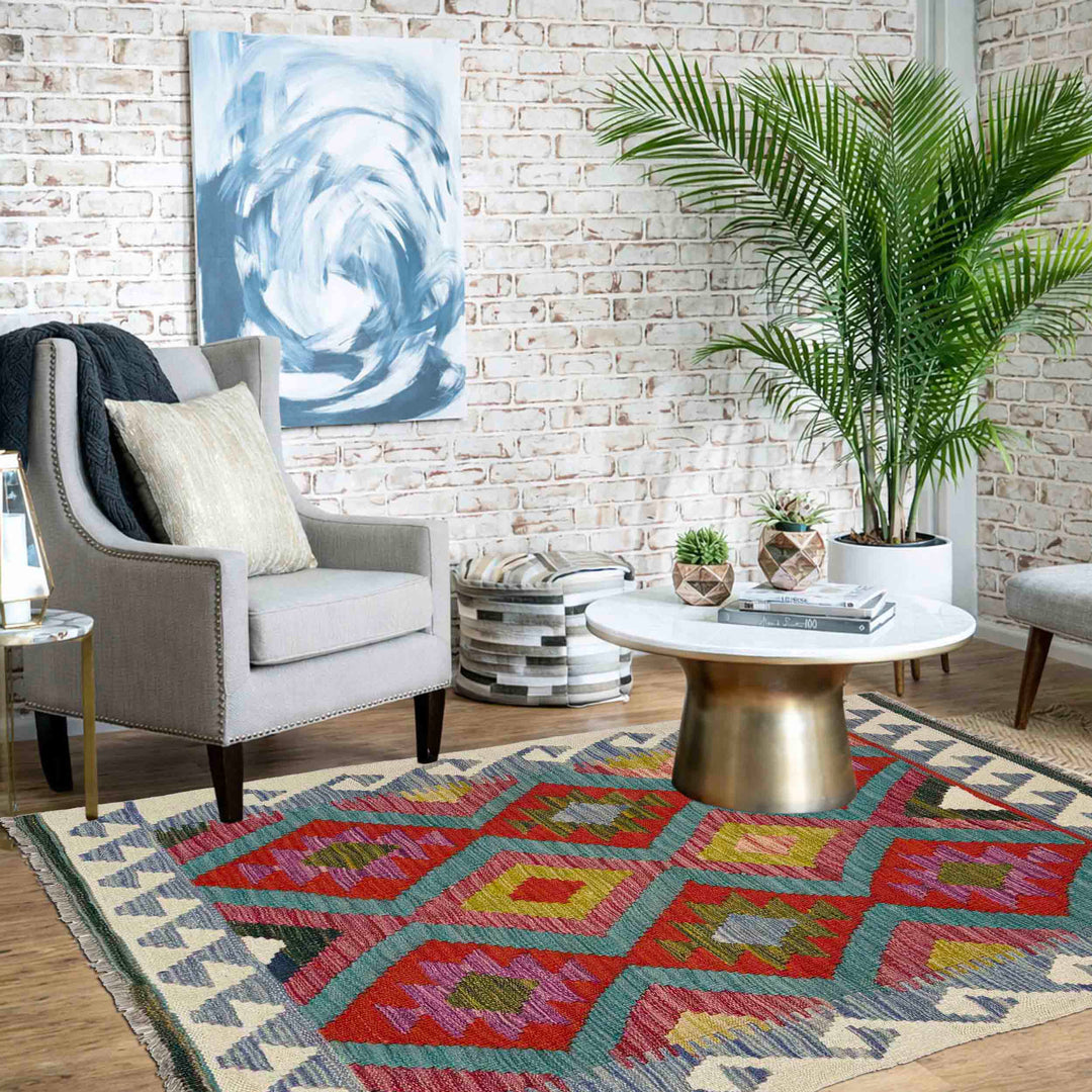 Afghan Vegetable Kilim Rug 3' 1" x 4' 6" Flat-Weave reverse
