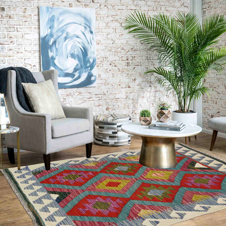 Afghan Vegetable Kilim Rug 3' 1" x 4' 6" Flat-Weave reverse