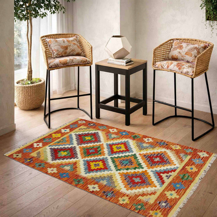 Afghan Vegetable Kilim Rug 3' 4" x 4' 9" Flat-Weave reverse