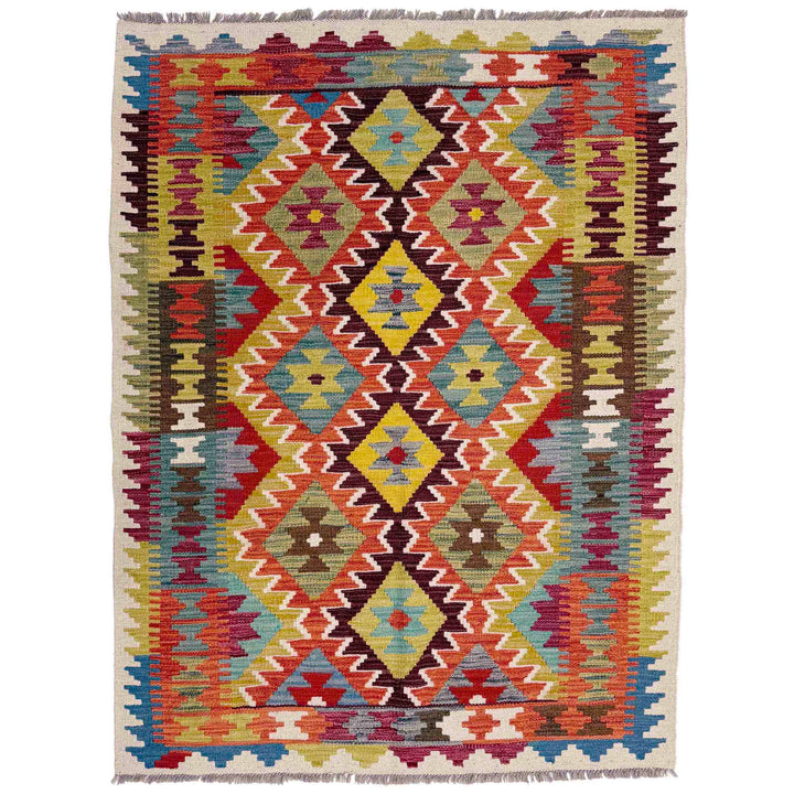Afghan Vegetable Kilim Rug 3'7" x 4'11" Flat-Weave