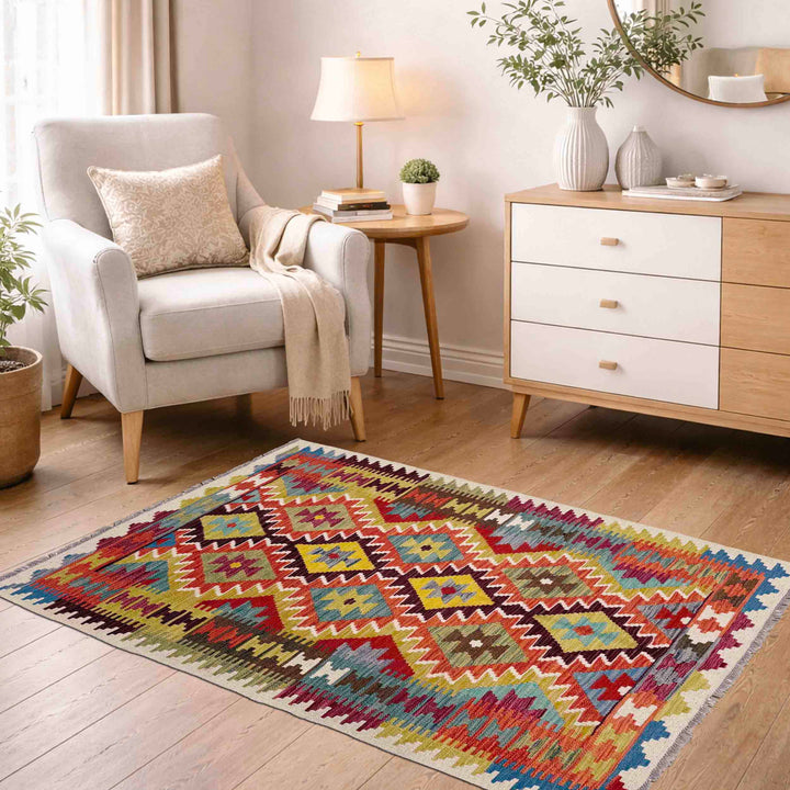 Afghan Vegetable Kilim Rug 3'7" x 4'11" Flat-Weave reverse