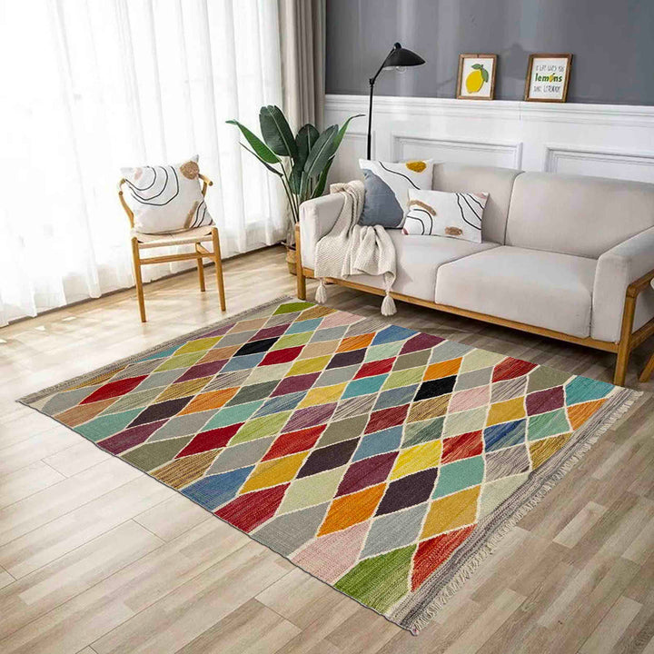 Afghan Vegetable Kilim Rug 3' 3" x 4' 11" Flat-Weave reverse