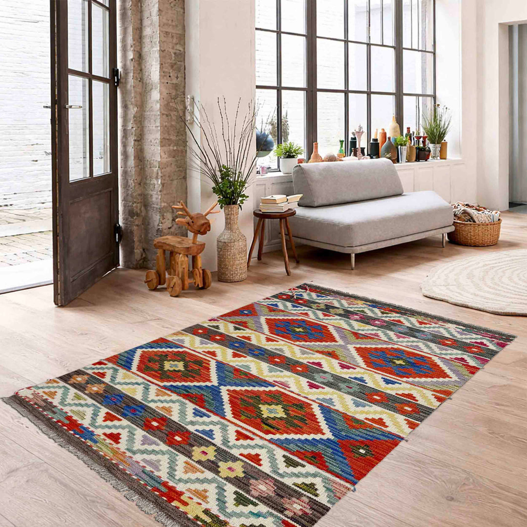 Afghan Vegetable Kilim Rug 3' 3" x 5' 2" Flat-Weave reverse
