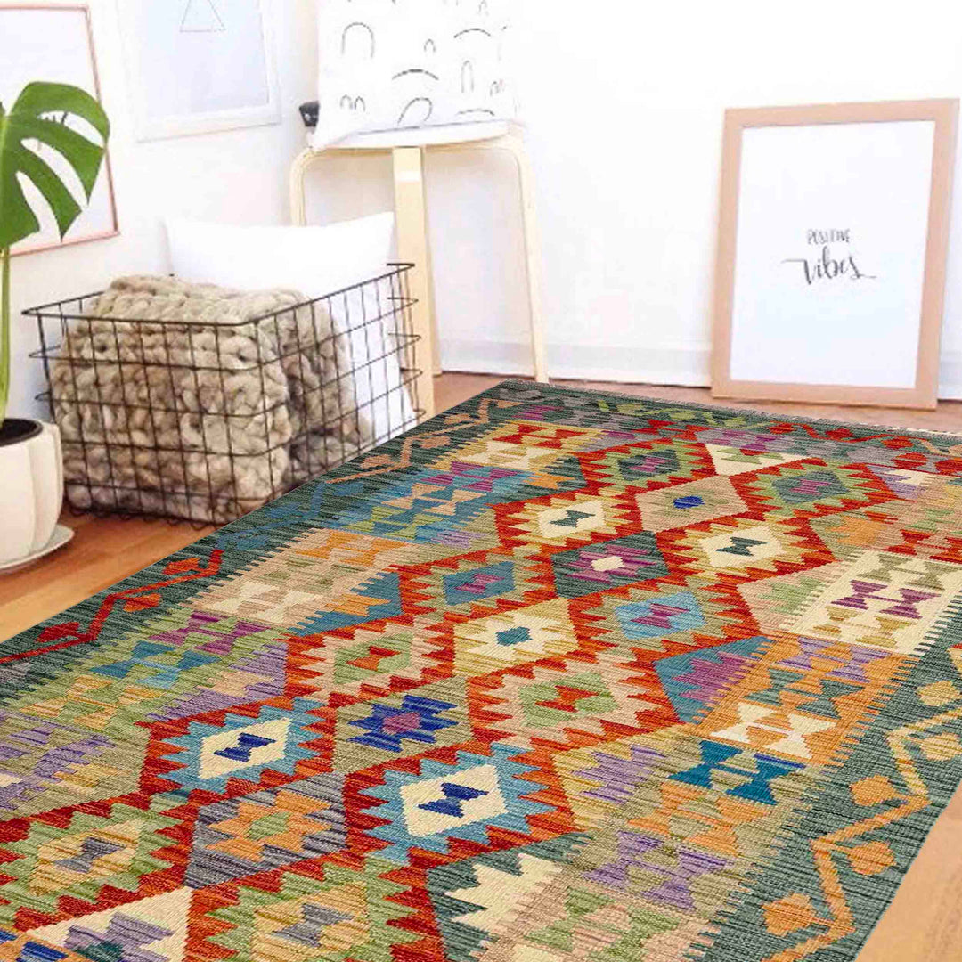 Afghan Vegetable Kilim Rug 4' 1" x 6' 8" Flat-Weave reverse