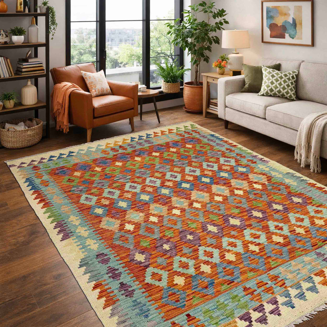Afghan Vegetable Kilim Rug 4' 6" x 6' 7" Flat-Weave reverse