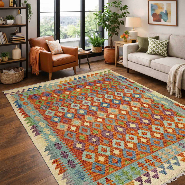 Afghan Vegetable Kilim Rug 4' 6" x 6' 7" Flat-Weave reverse