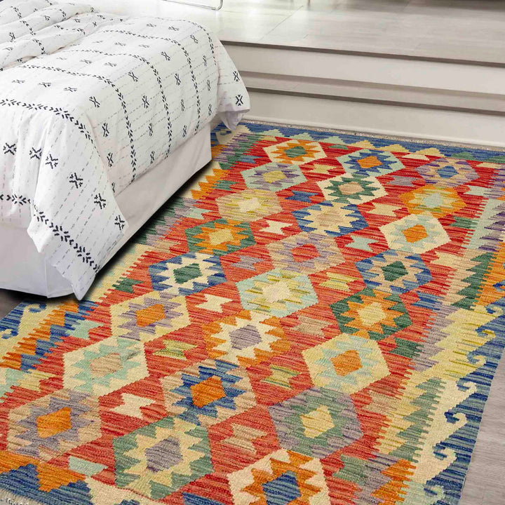 Afghan Vegetable Kilim Rug 4' 0" x 5' 10" Flat-Weave reverse