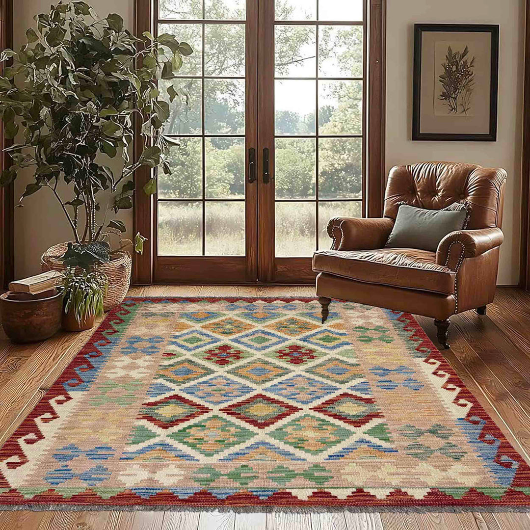 Afghan Vegetable Kilim Rug 4' 0" x 5' 8" Flat-Weave reverse