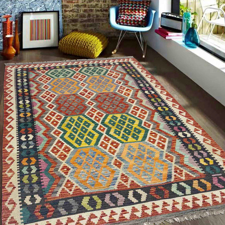 Hand Woven Wool Kelim 4' 2" x 5' 10" - No. AL825291