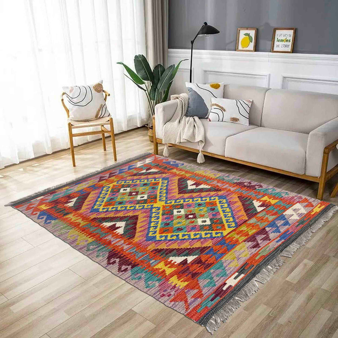 Multi Color ful Flat-Weave Wool Kilim 2' 7" x 4' 1" - No. AL529068