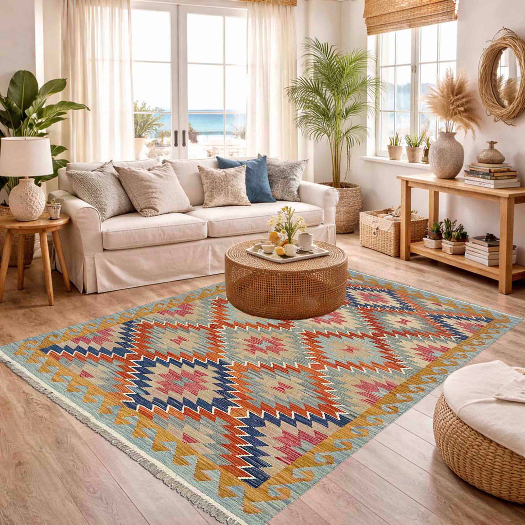 Multi Color ful Flat-Weave Wool Kilim 5' 0" x 6' 9" - No. AL451356