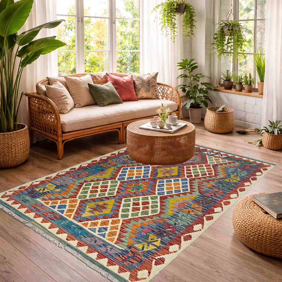 Handmade Afghan Vegetable Kilim 4' 1" x 6' 0" - No. AL298615