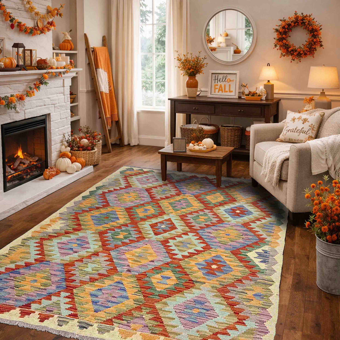 Multi Color ful Flat-Weave Wool Kilim 3' 11" x 5' 11" - No. AL529043
