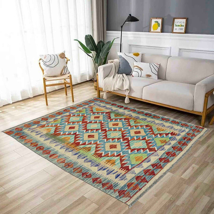 Multi Color ful Flat-Weave Wool Kilim 3' 4" x 4' 10" - No. AL301122