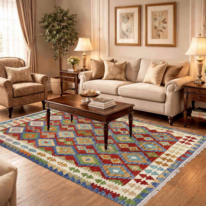 Multi Color ful Flat-Weave Wool Kilim 5' 1" x 6' 6" - No. AL250750