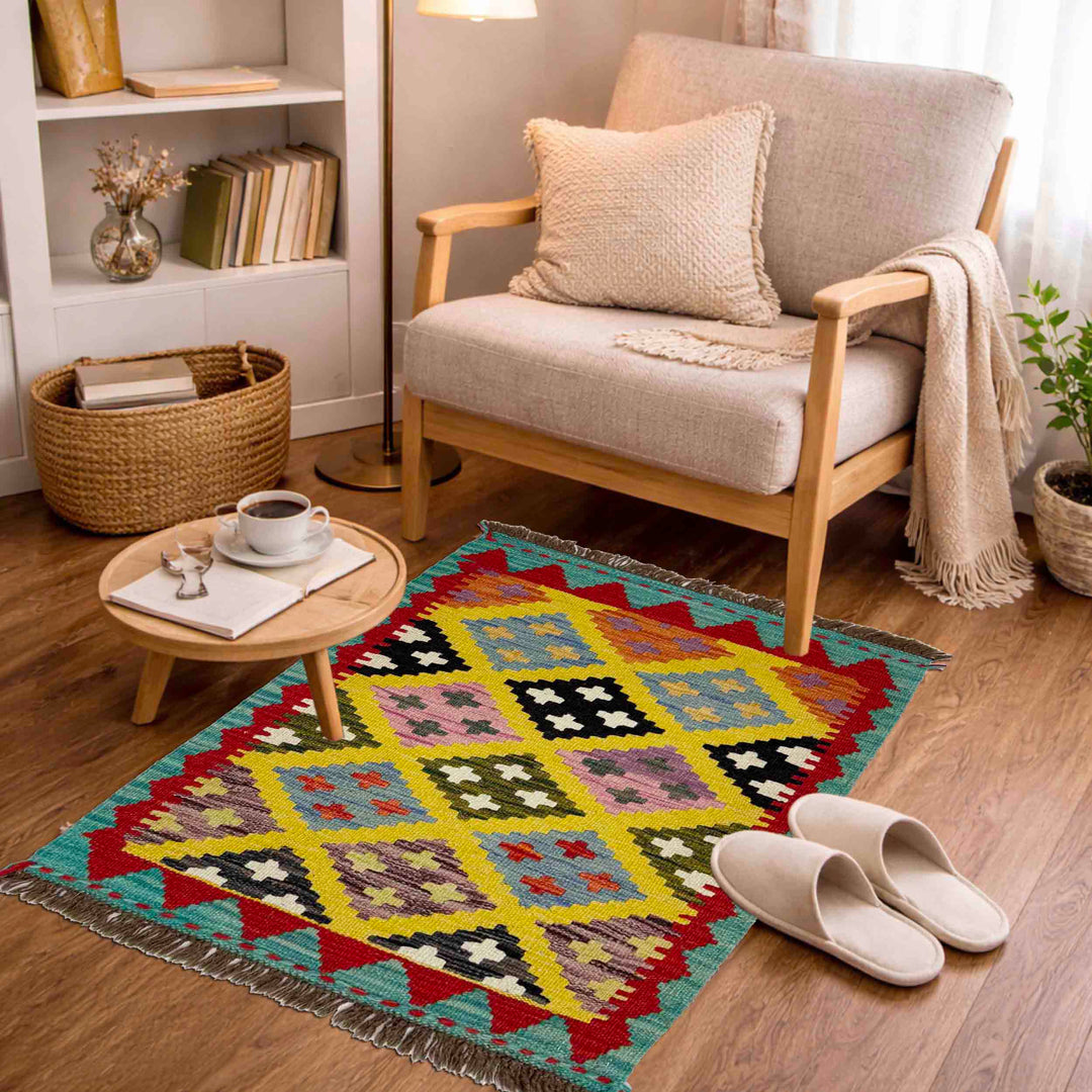 Afghan Vegetable Kilim Rug 2' 0" x 2' 9" Flat-Weave view