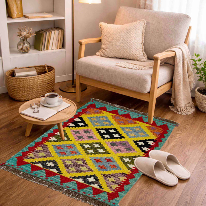 Afghan Vegetable Kilim Rug 2' 0" x 2' 9" Flat-Weave view