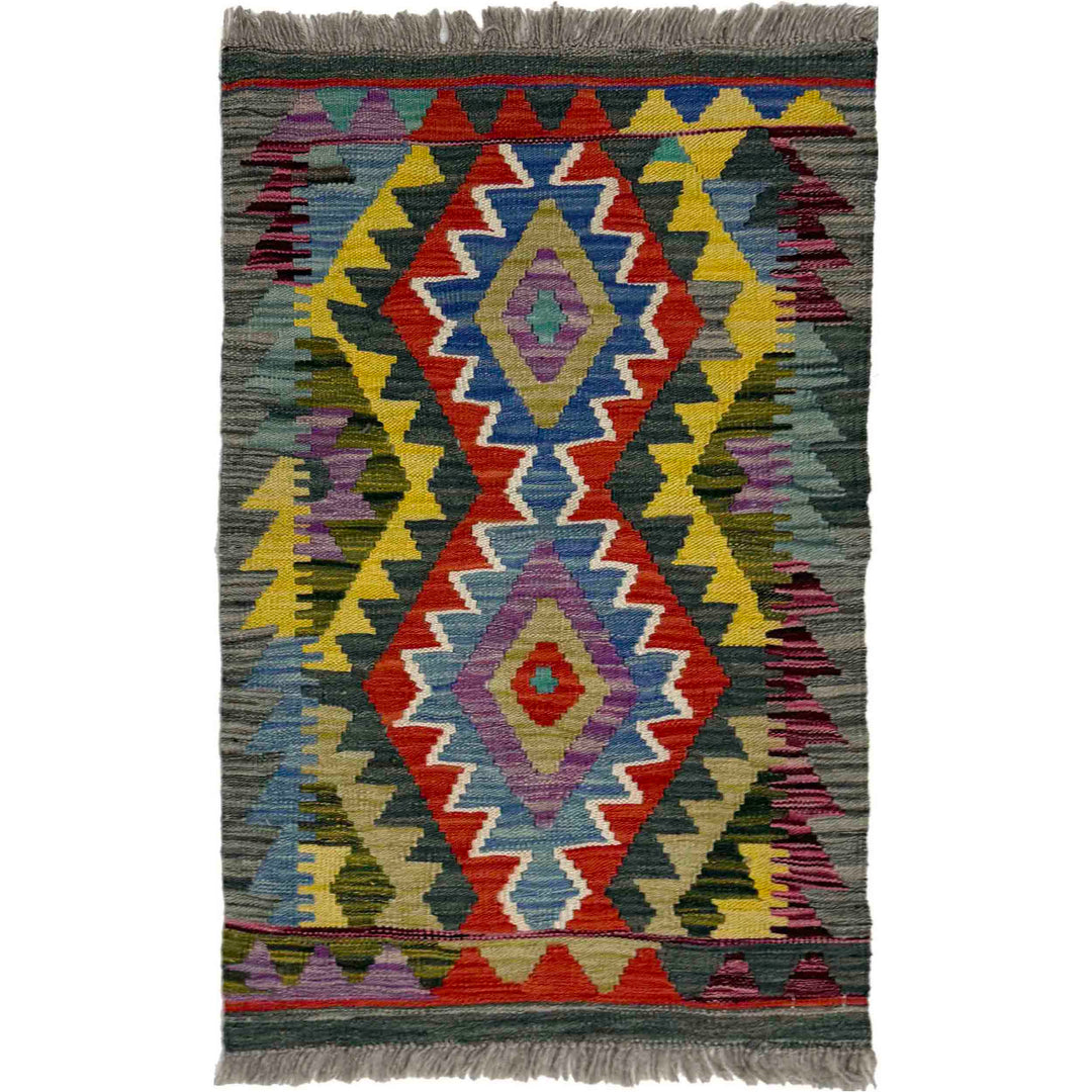 Multicolor Afghan Vegetable Kilim Rug 1'9" x 2'11" Flat-Weave