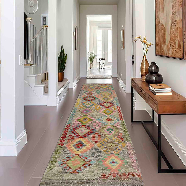 Multi Color ful Flat-Weave Wool Kilim Runner 2' 11" x 9' 11" - No. AL583339
