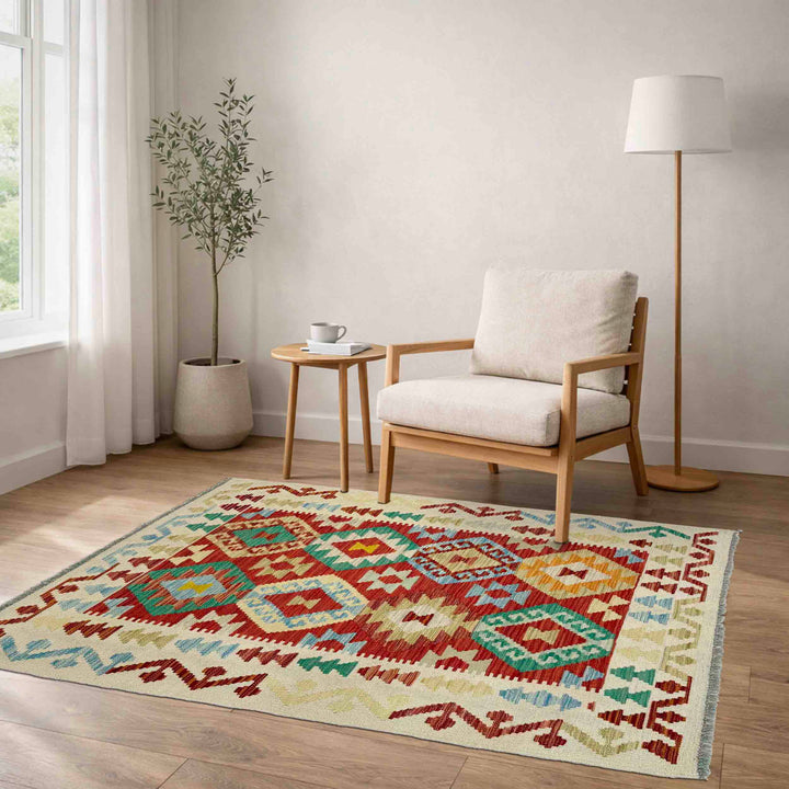 Afghan Vegetable Kilim Rug 3' 3" x 4' 11" Flat-Weave reverse