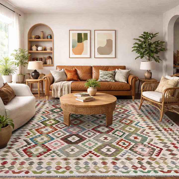 Afghan Vegetable Kilim Rug 8' 2" x 9' 11" Flat-Weave reverse