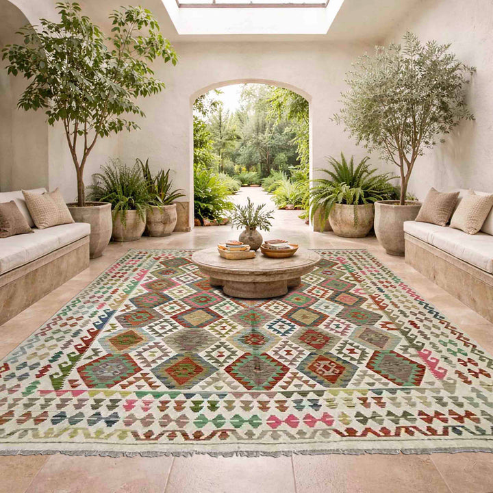 Afghan Vegetable Kilim Rug 8' 5" x 9' 9" Flat-Weave reverse