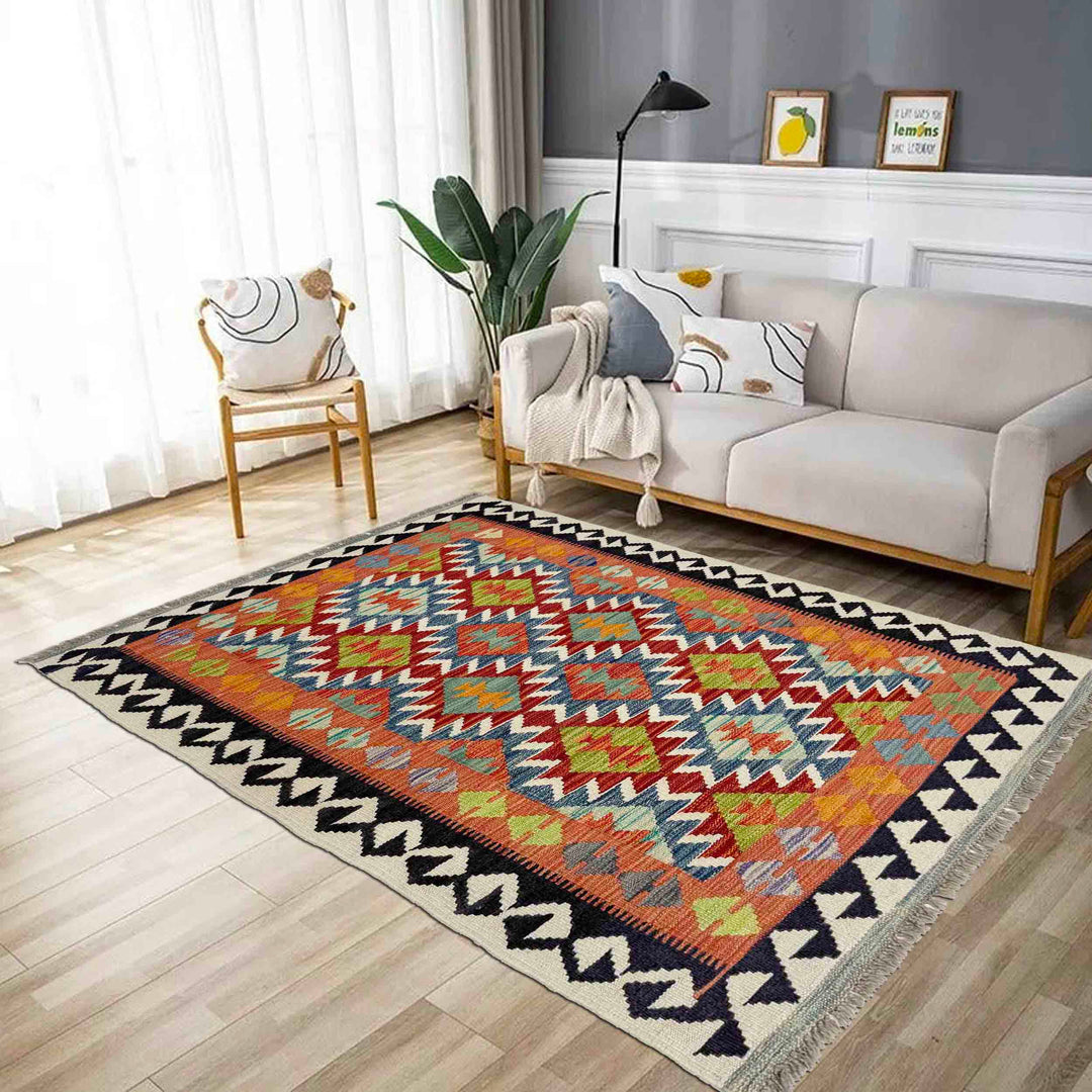 Multicolor Afghan Vegetable Kilim Rug 3' 3" x 4' 10" Flat-Weave reverse