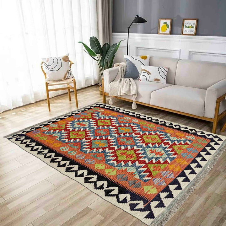 Multicolor Afghan Vegetable Kilim Rug 3' 3" x 4' 10" Flat-Weave reverse