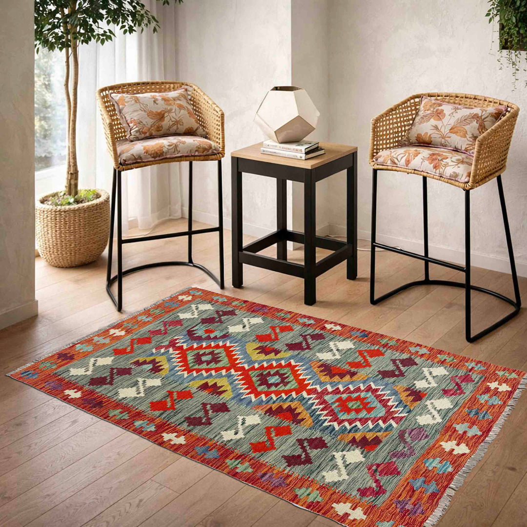 Handmade Turkish Design Wool Kilim 3' 9" x 4' 11" - No. AL957272
